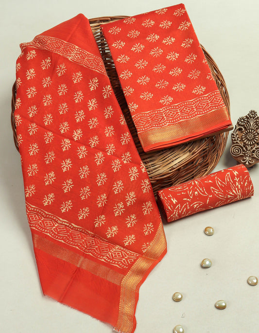 Hand Block Printed Maheshwari Silk Suit with Maheshwari Silk Dupatta