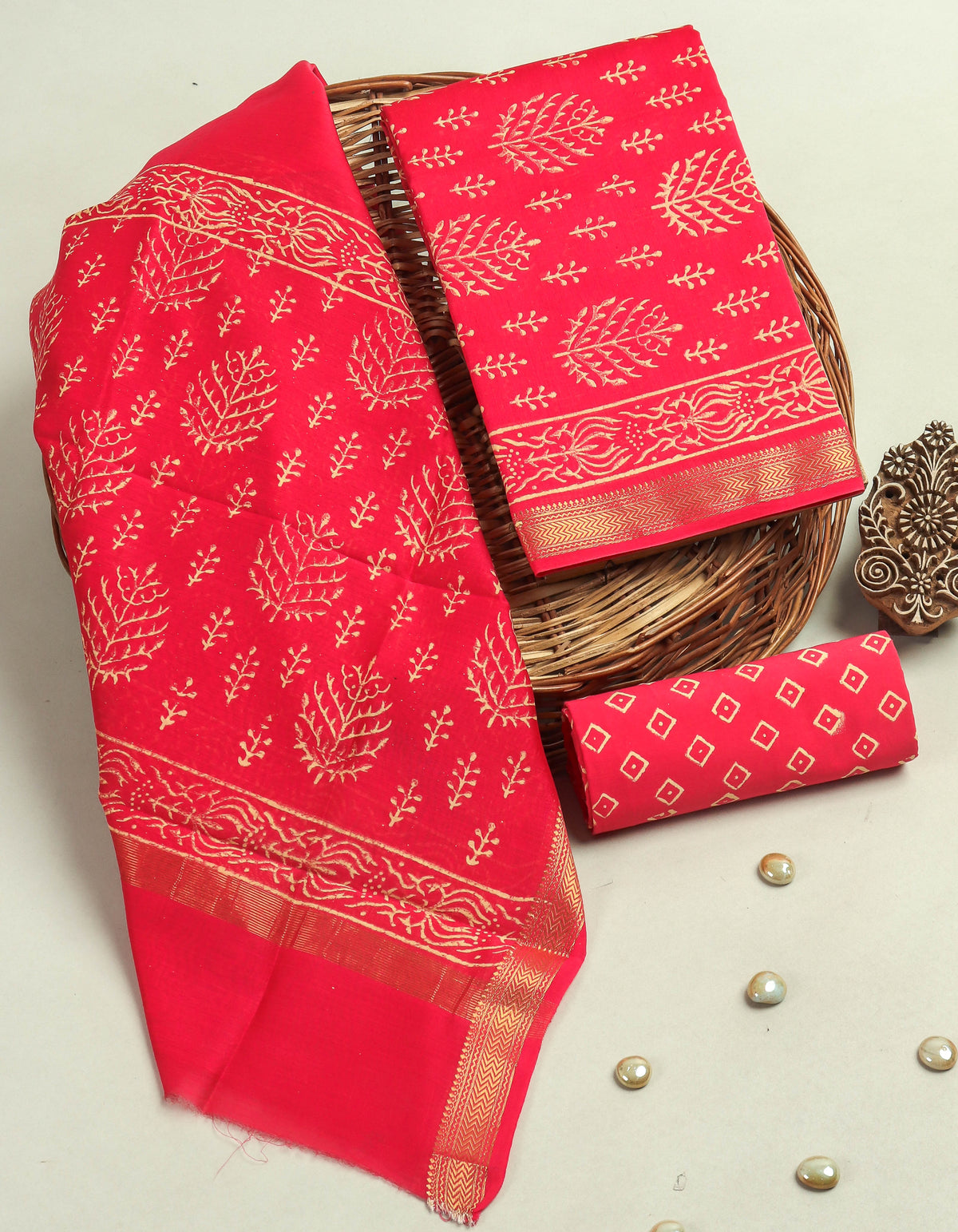Hand Block Printed Maheshwari Silk Suit with Maheshwari Silk Dupatta
