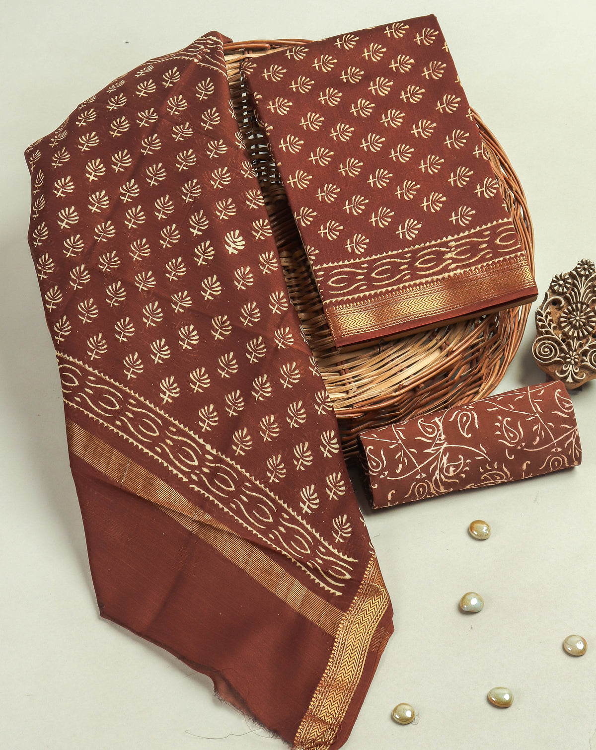 Hand Block Printed Maheshwari Silk Suit with Maheshwari Silk Dupatta