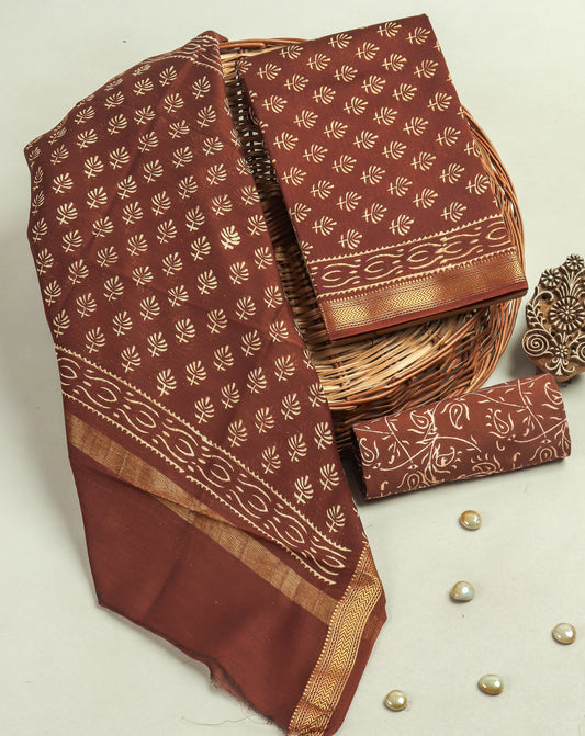 Hand Block Printed Maheshwari Silk Suit with Maheshwari Silk Dupatta