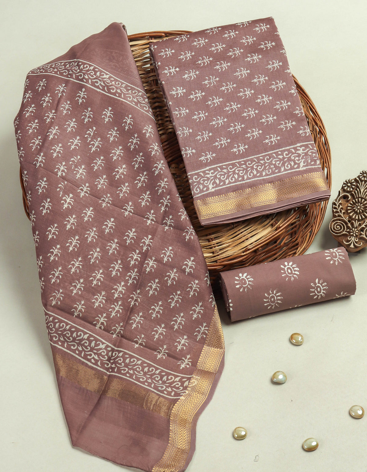 Hand Block Printed Maheshwari Silk Suit with Maheshwari Silk Dupatta