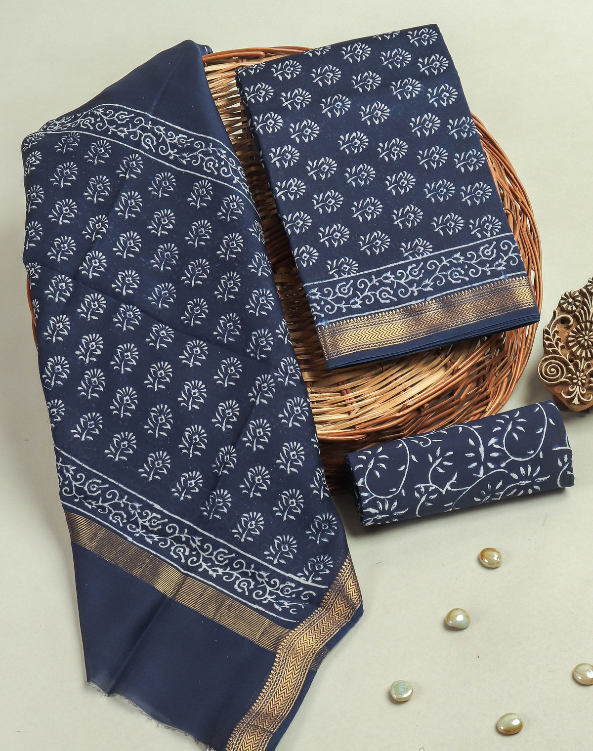 Hand Block Printed Maheshwari Silk Suit with Maheshwari Silk Dupatta