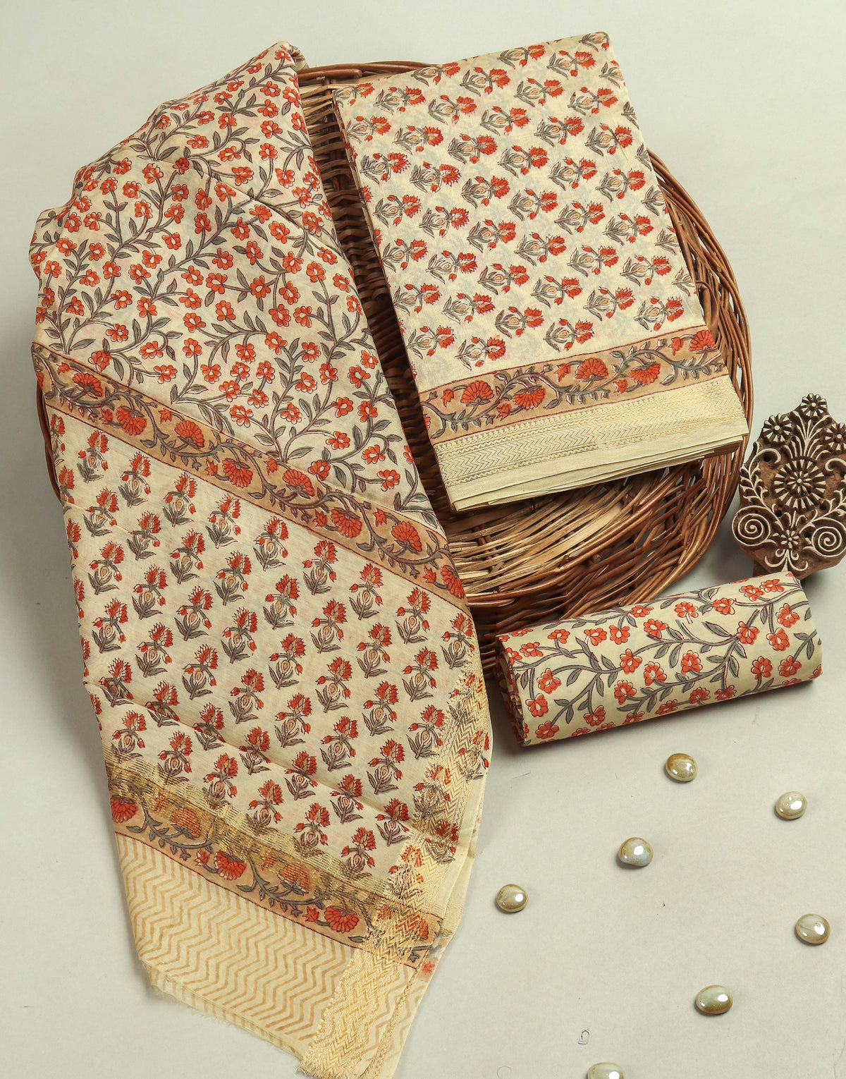 Hand Block Printed Maheshwari Silk Suit with Maheshwari Silk Dupatta