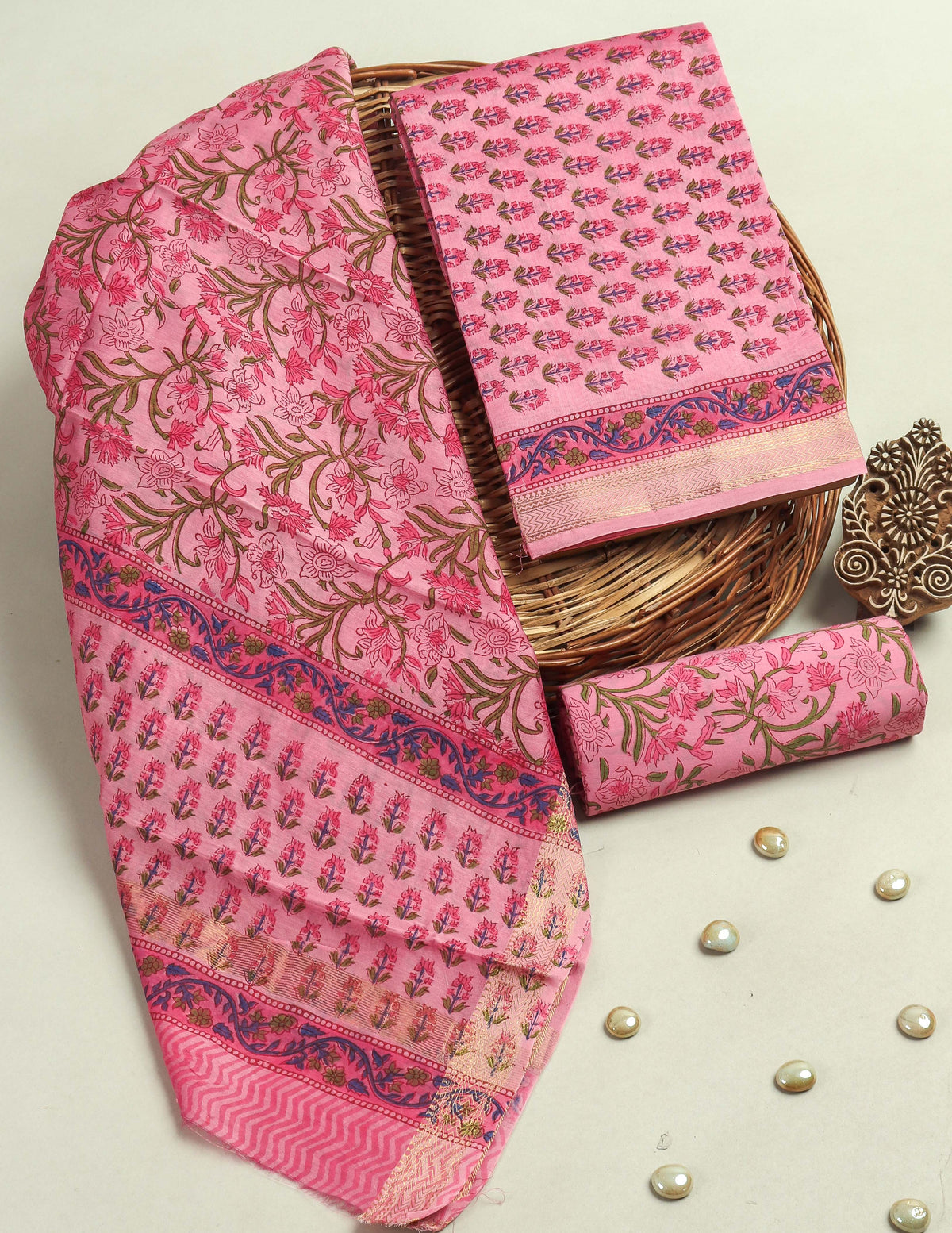 Hand Block Printed Maheshwari Silk Suit with Maheshwari Silk Dupatta