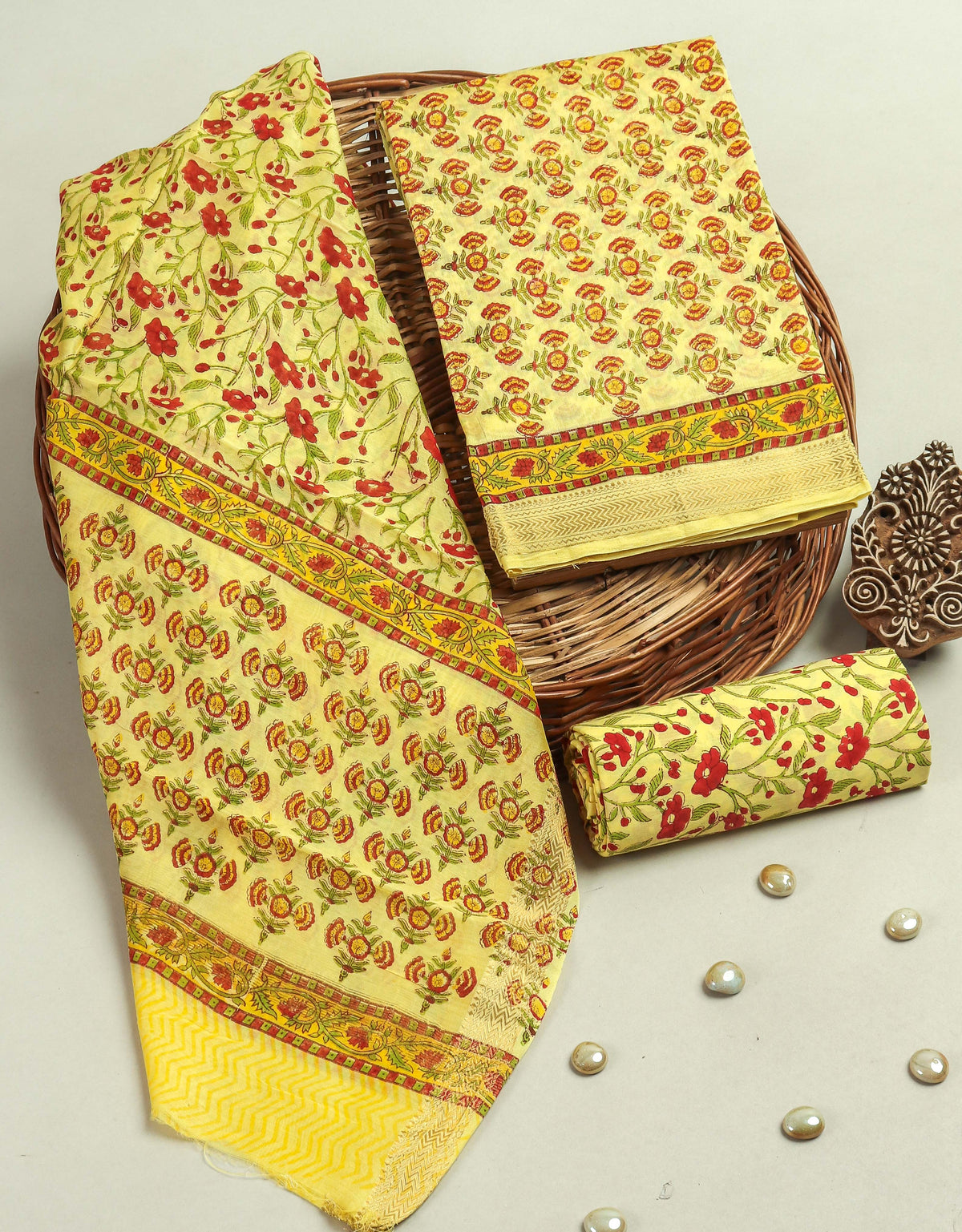 Hand Block Printed Maheshwari Silk Suit with Maheshwari Silk Dupatta