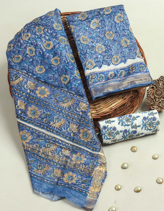 Hand Block Printed Maheshwari Silk Suit with Maheshwari Silk Dupatta