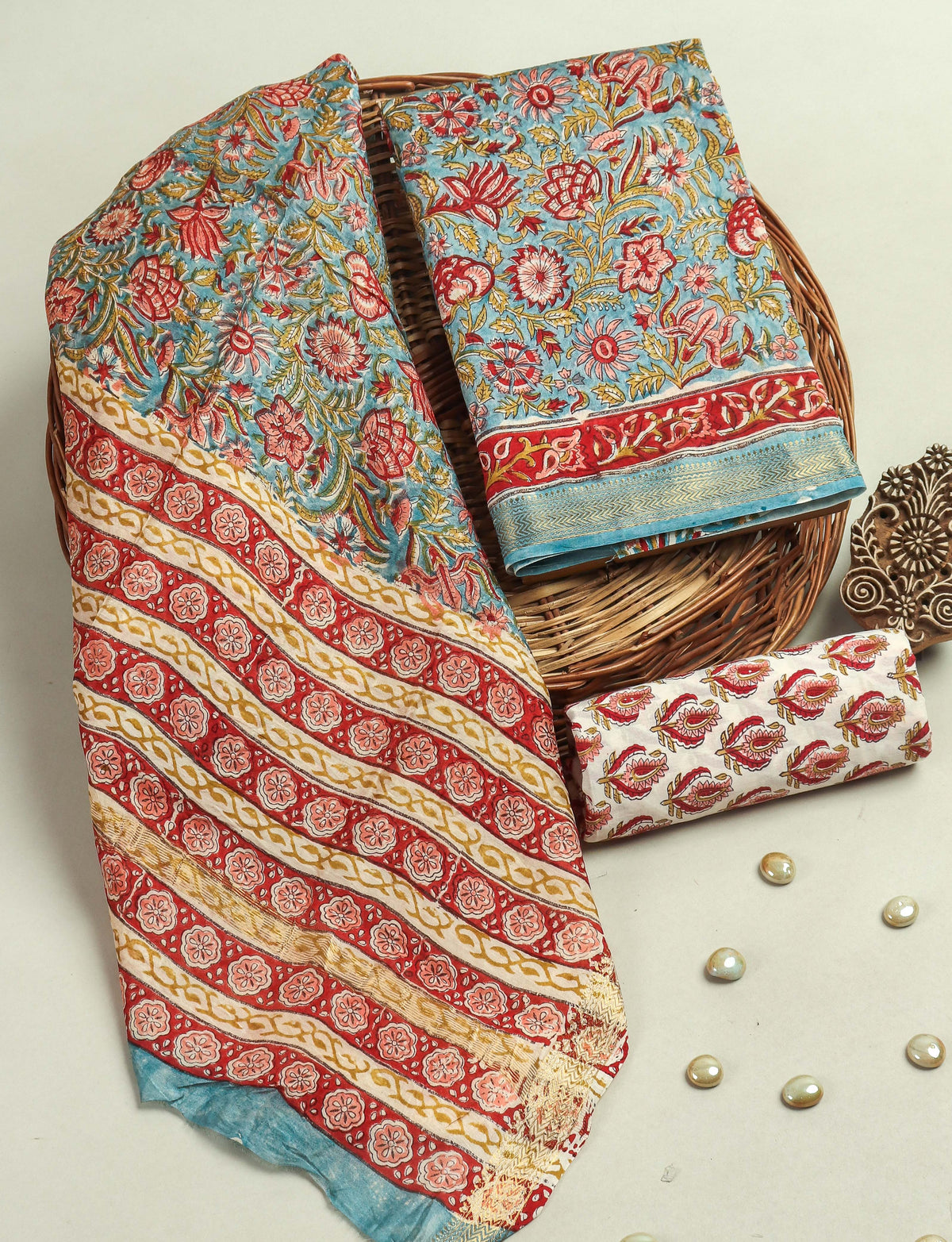 Hand Block Printed Maheshwari Silk Suit with Maheshwari Silk Dupatta