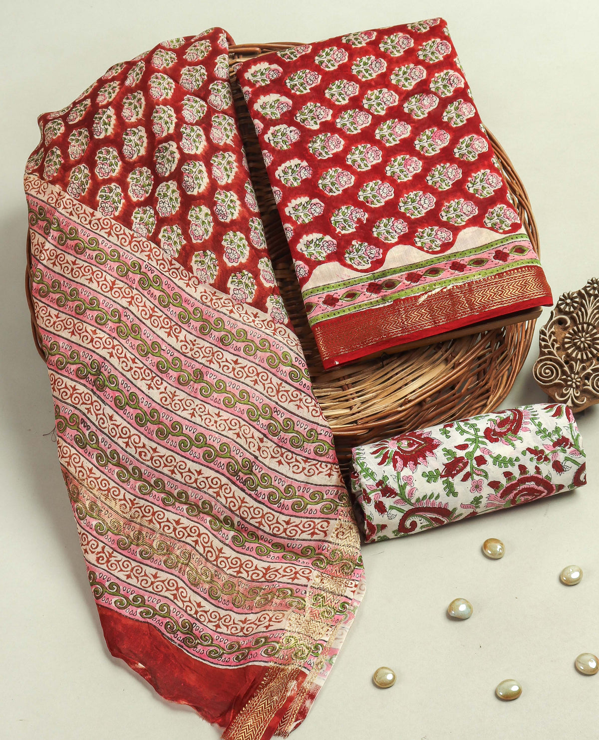 Hand Block Printed Maheshwari Silk Suit with Maheshwari Silk Dupatta