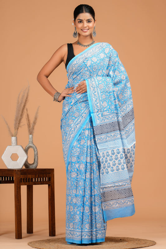 Hand Block Printed  Floral Cotton Mulmul Saree with Blouse Piece
