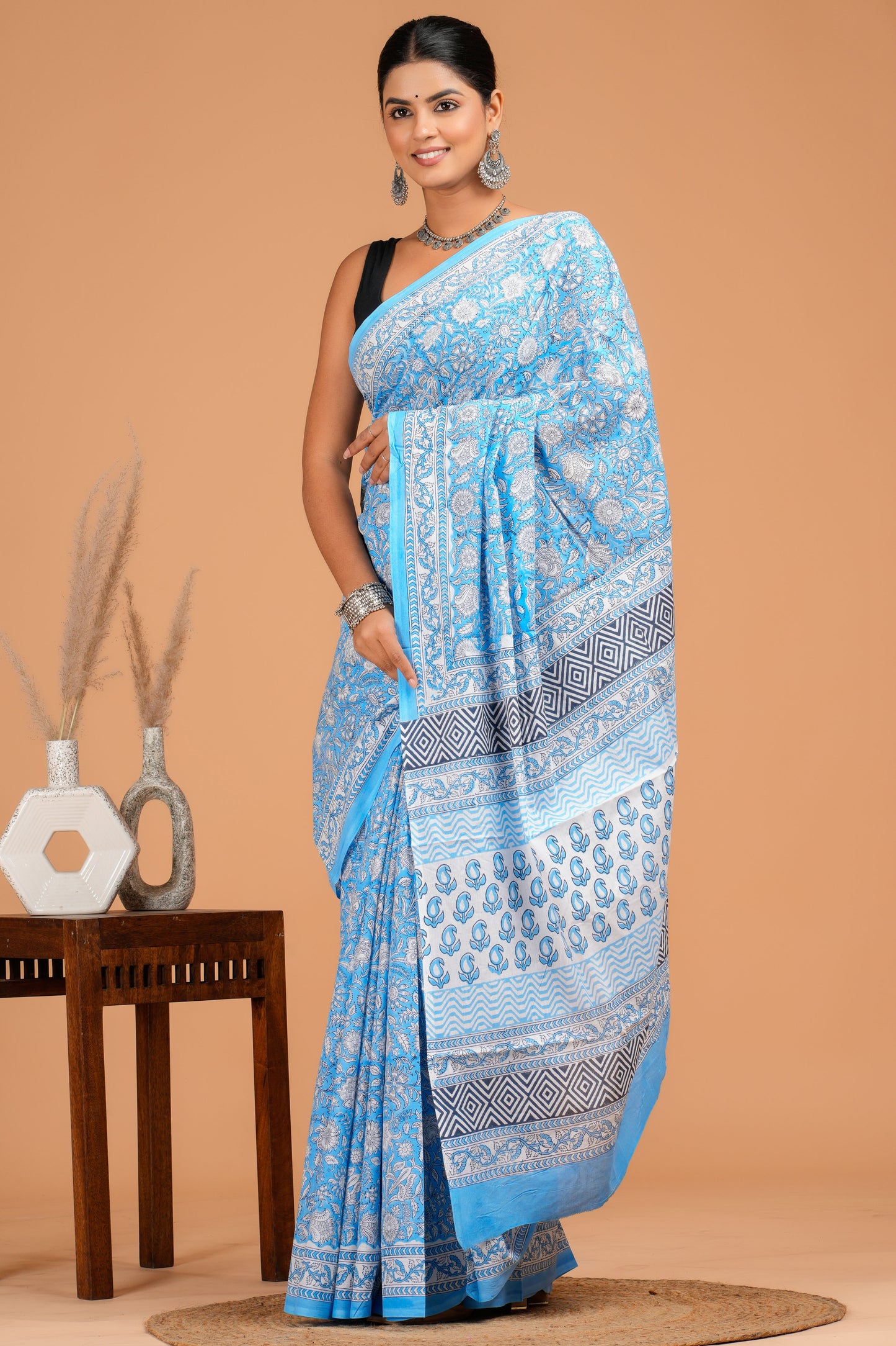 Hand Block Printed  Floral Cotton Mulmul Saree with Blouse Piece