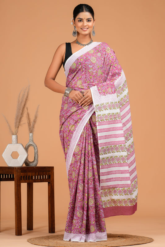 Hand Block Printed  Floral Cotton Mulmul Saree with Blouse Piece