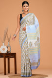 Hand Block Printed  Floral Cotton Mulmul Saree with Blouse Piece