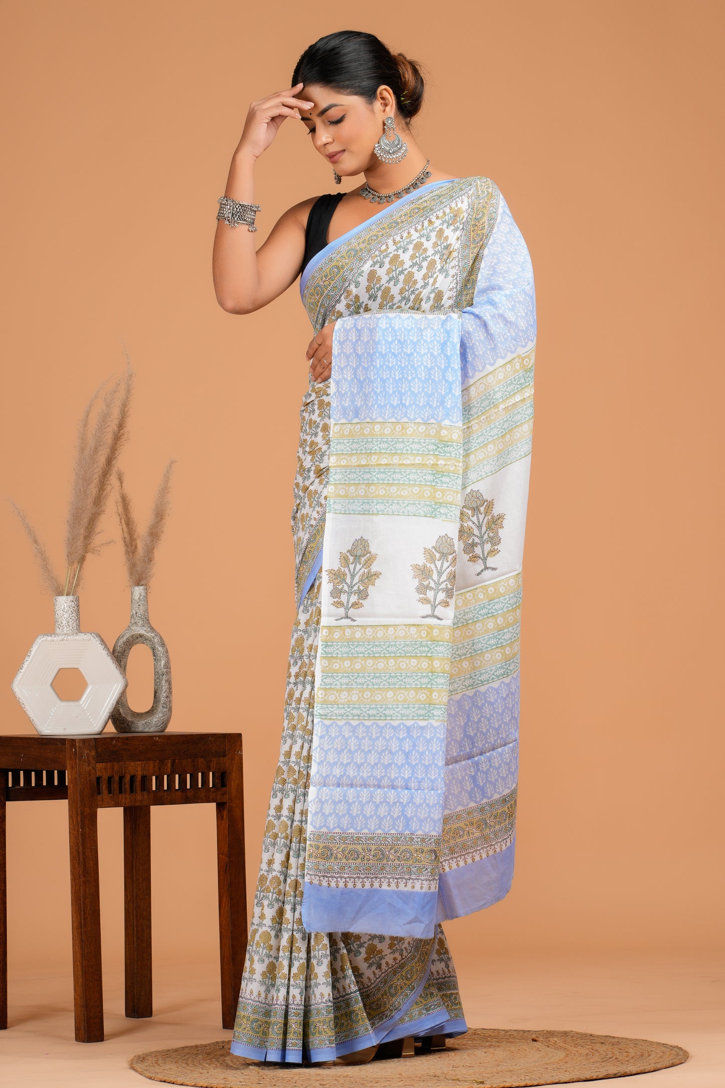 Hand Block Printed  Floral Cotton Mulmul Saree with Blouse Piece
