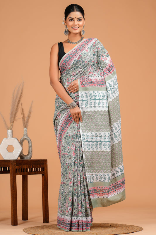 Hand Block Printed  Floral Cotton Mulmul Saree with Blouse Piece
