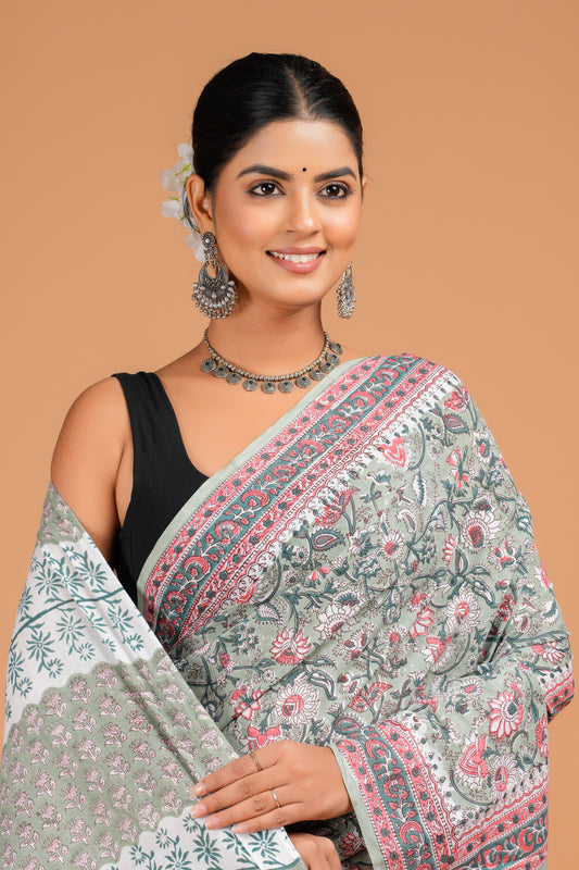 Hand Block Printed  Floral Cotton Mulmul Saree with Blouse Piece