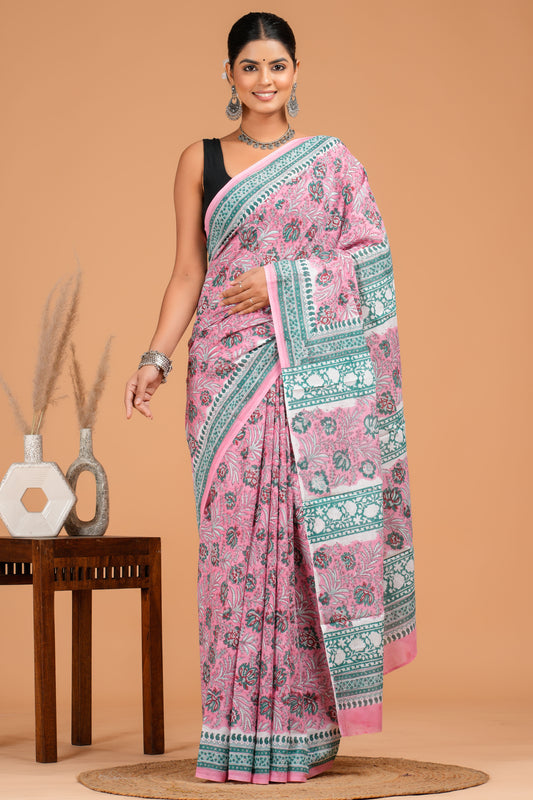 Hand Block Printed  Floral Cotton Mulmul Saree with Blouse Piece