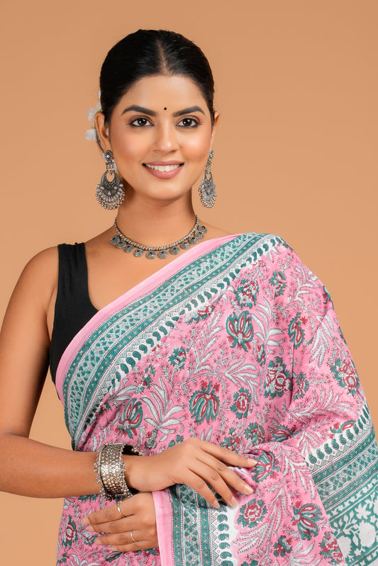 Hand Block Printed  Floral Cotton Mulmul Saree with Blouse Piece
