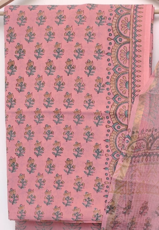 Hand Block Printed Cotton Suit with Cotton Kota Doria dupatta