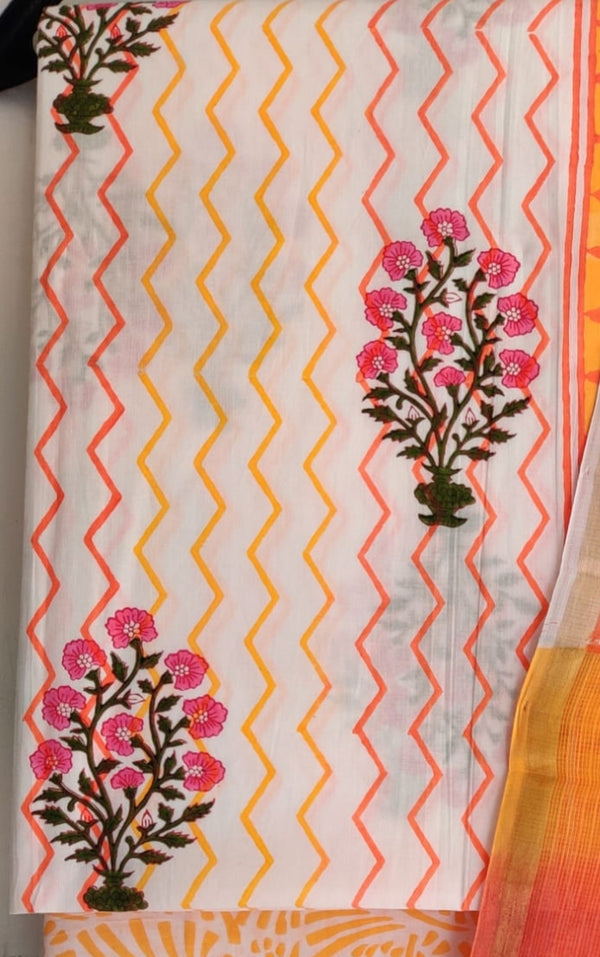 Hand Block Printed Cotton Suit with Cotton Kota Doria dupatta
