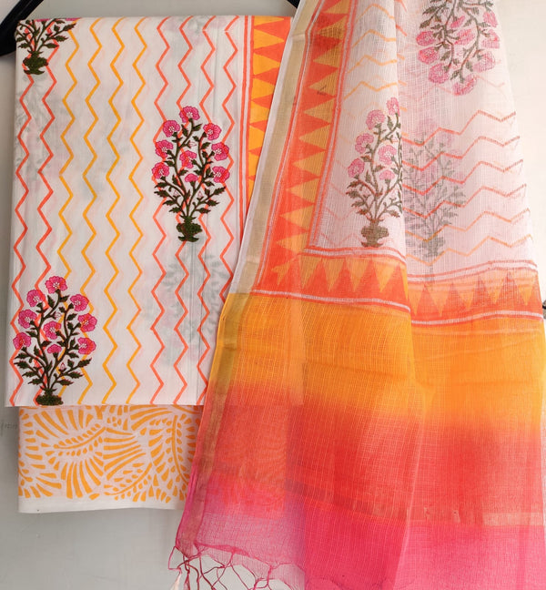 Hand Block Printed Cotton Suit with Cotton Kota Doria dupatta