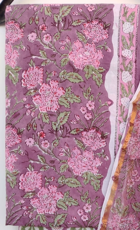 Unstitched Hand Block Printed Cotton Suit with Cotton Kota Doria dupatta