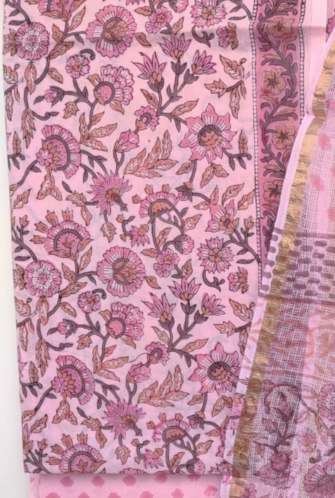 Hand Block Printed Cotton Suit with Cotton Kota Doria dupatta
