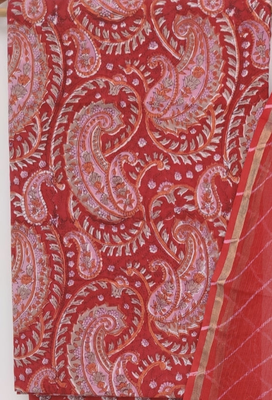 RED BLOCK PRINTED COTTON SUIT WITH LEHRIYA KOTA DORIA DUPATTA