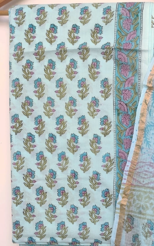 Hand Block Printed Cotton Suit with Cotton Kota Doria dupatta.