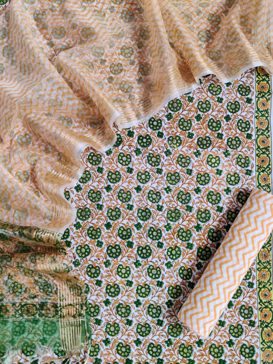 Designer Hand Block Printed Cotton Suit with Organza dupatta