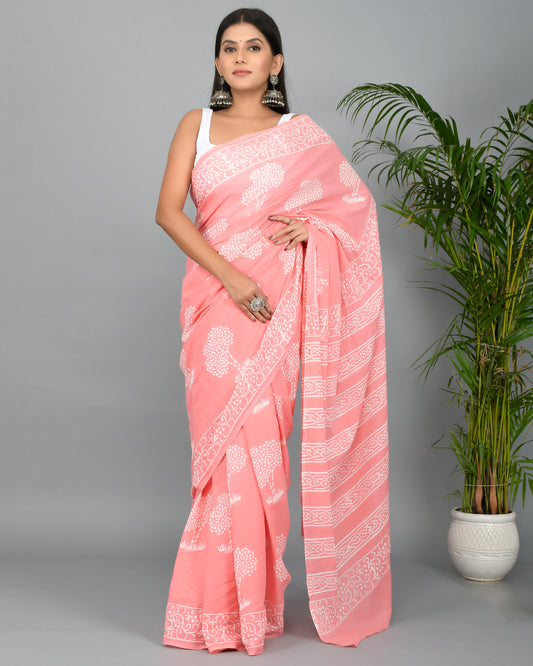Peach Hand Block Printed Cotton Mulmul Saree with Blouse Piece