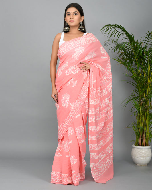 Peach Hand Block Printed Cotton Mulmul Saree with Blouse Piece