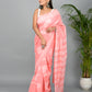 Peach Hand Block Printed Cotton Mulmul Saree with Blouse Piece