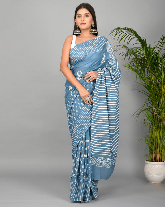 Hand Block Printed Cotton Mulmul Saree with Blouse Piece