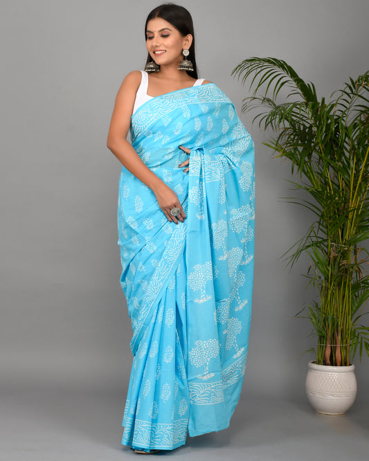 Firozi Hand Block Printed Cotton Mulmul Saree with Blouse Piece