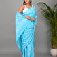 Firozi Hand Block Printed Cotton Mulmul Saree with Blouse Piece