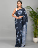 Tie and Dye Hand Block Printed Cotton Mulmul Saree with Blouse Piece