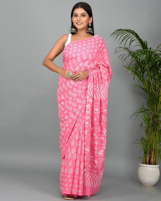Baby Pink Cotton Mulmul Saree with Blouse Piece