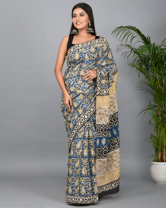 Bagru Printed Cotton Mulmul Saree with Blouse Piece