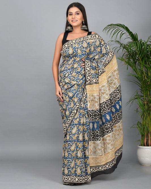 Bagru Printed Cotton Mulmul Saree with Blouse Piece