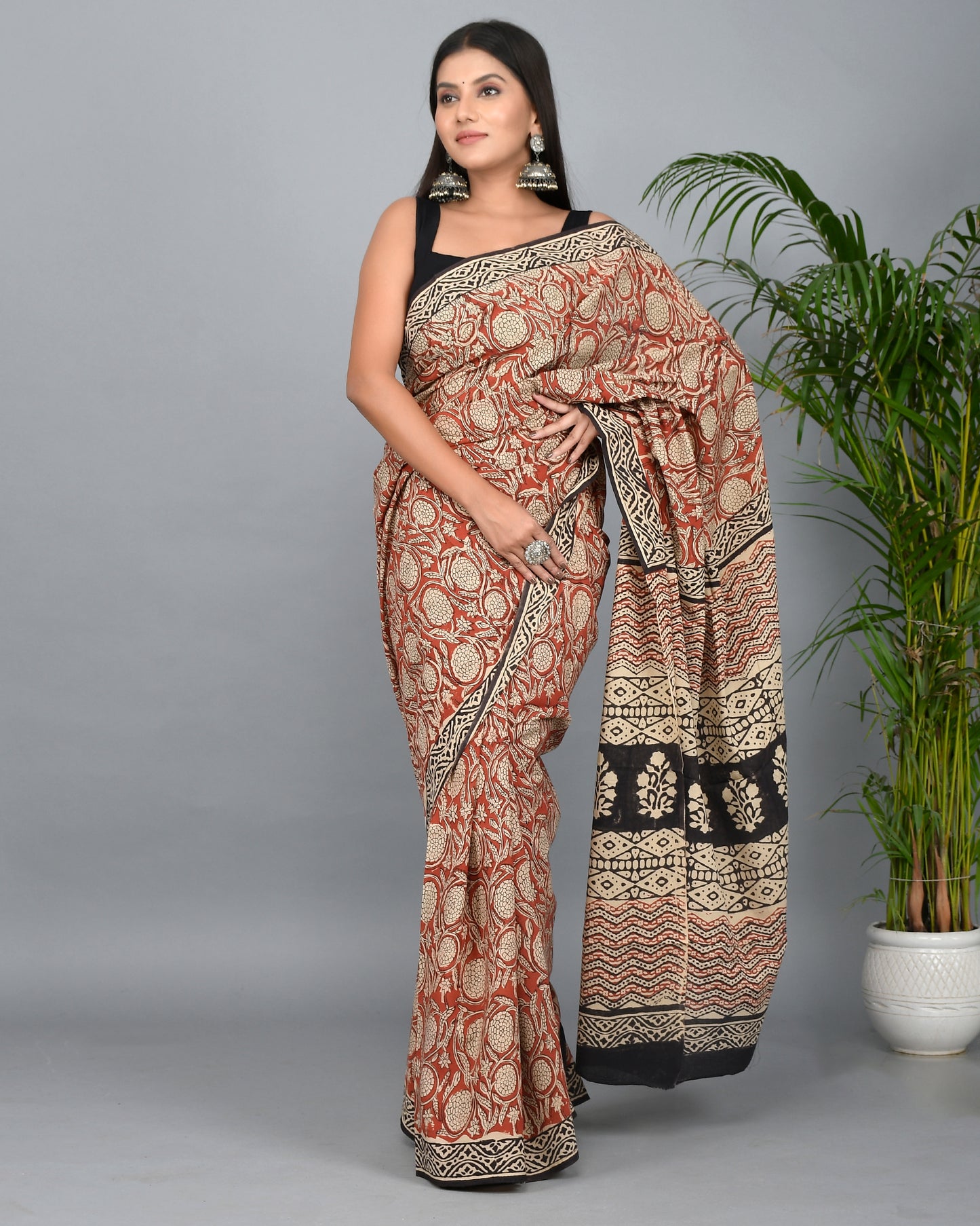 Bagru Kalamkari Printed Cotton Mulmul Saree with Blouse Piece