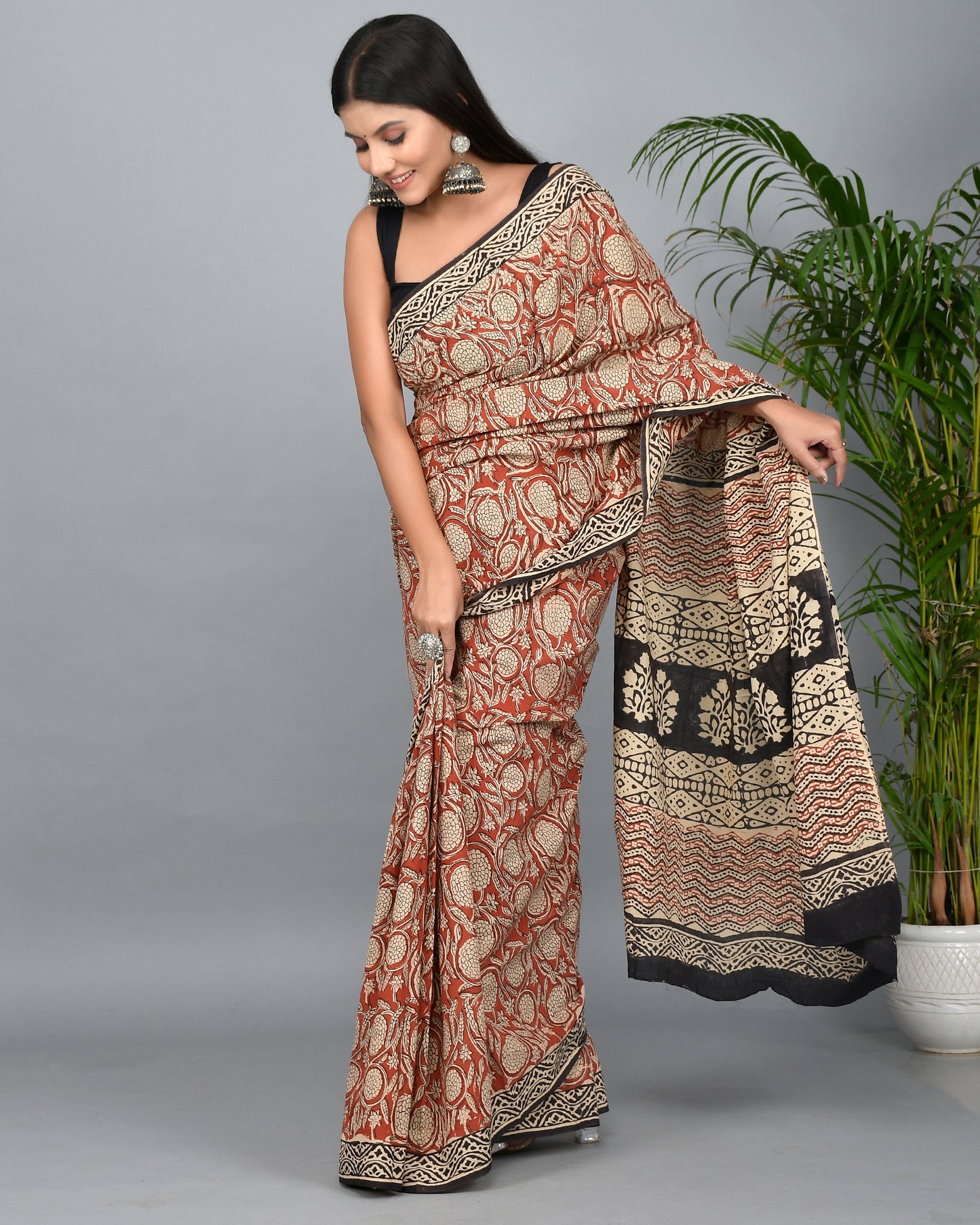 Bagru Kalamkari Printed Cotton Mulmul Saree with Blouse Piece