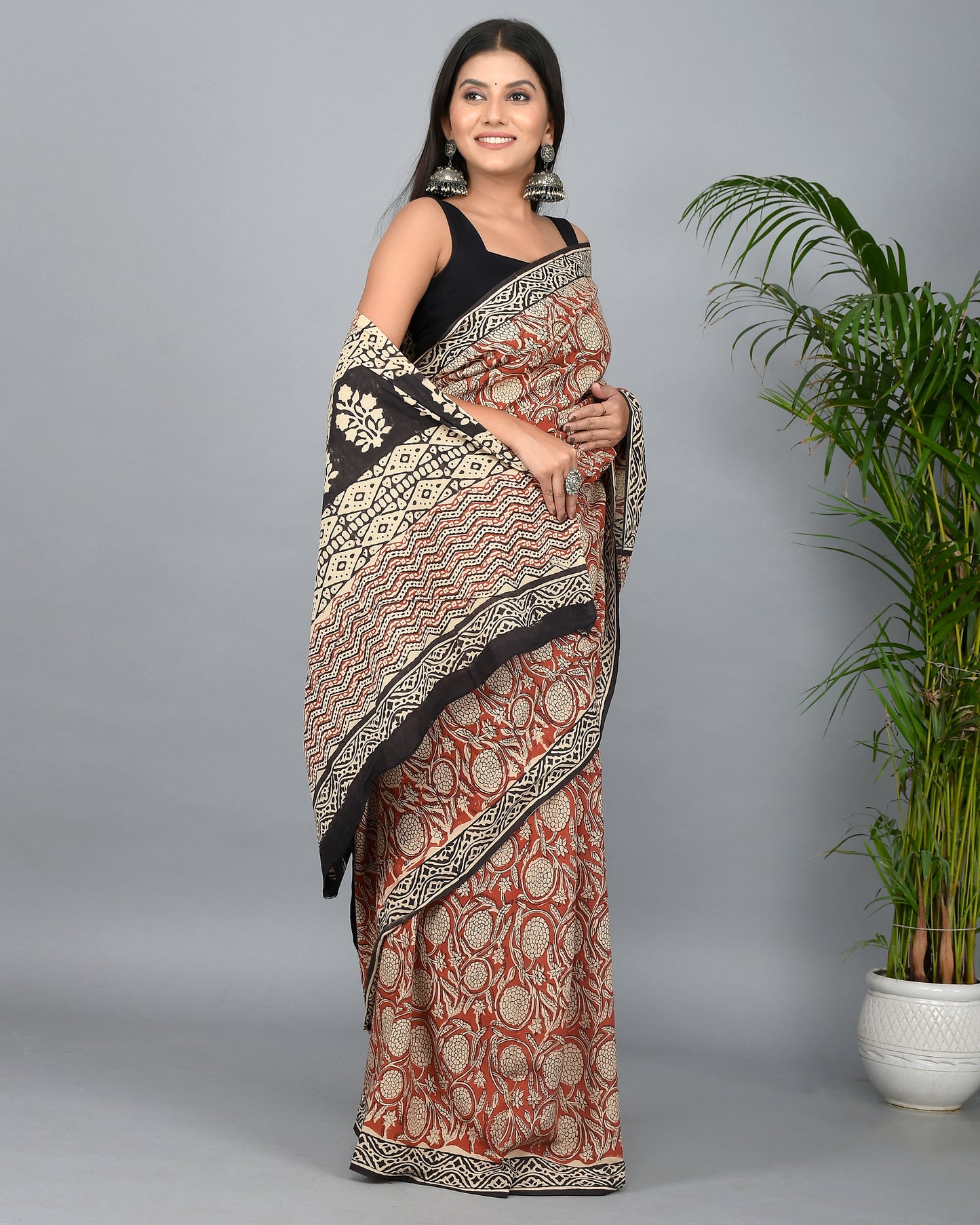 Bagru Kalamkari Printed Cotton Mulmul Saree with Blouse Piece
