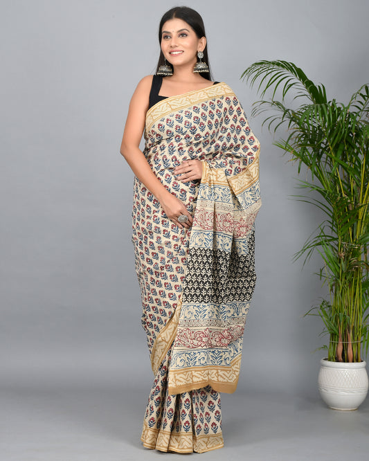 Bagru Printed Cotton Mulmul Saree with Blouse Piece
