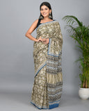 Bagru Printed Green Cotton Mulmul Saree with Blouse Piece