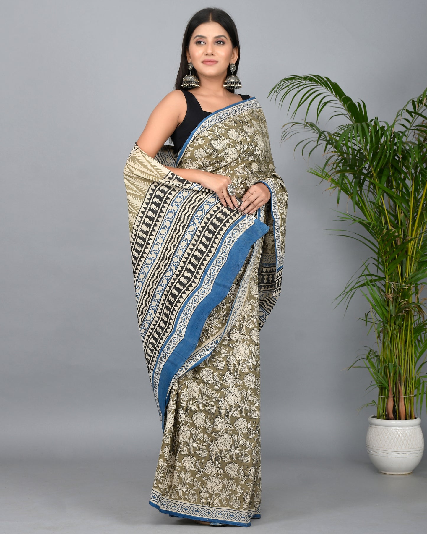 Bagru Printed Green Cotton Mulmul Saree with Blouse Piece