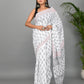 White and Black Printed Cotton Mulmul Saree with Blouse Piece