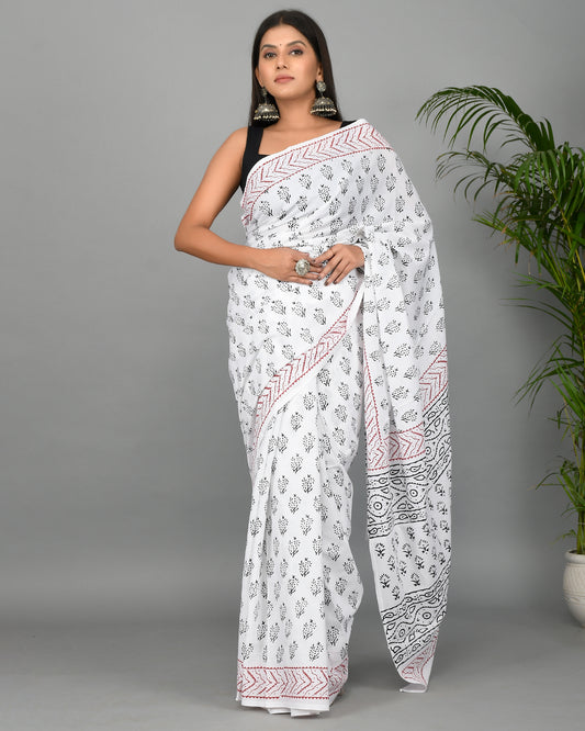 White and Black Printed Cotton Mulmul Saree with Blouse Piece
