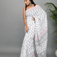 White and Black Printed Cotton Mulmul Saree with Blouse Piece