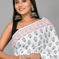 White and Black Printed Cotton Mulmul Saree with Blouse Piece