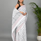 White and Black Printed Cotton Mulmul Saree with Blouse Piece